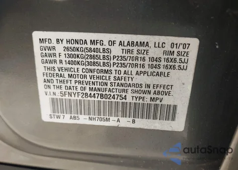 2007 Honda Pilot Ex z USA, uszkodzony, nr VIN 5FNYF28447B024754